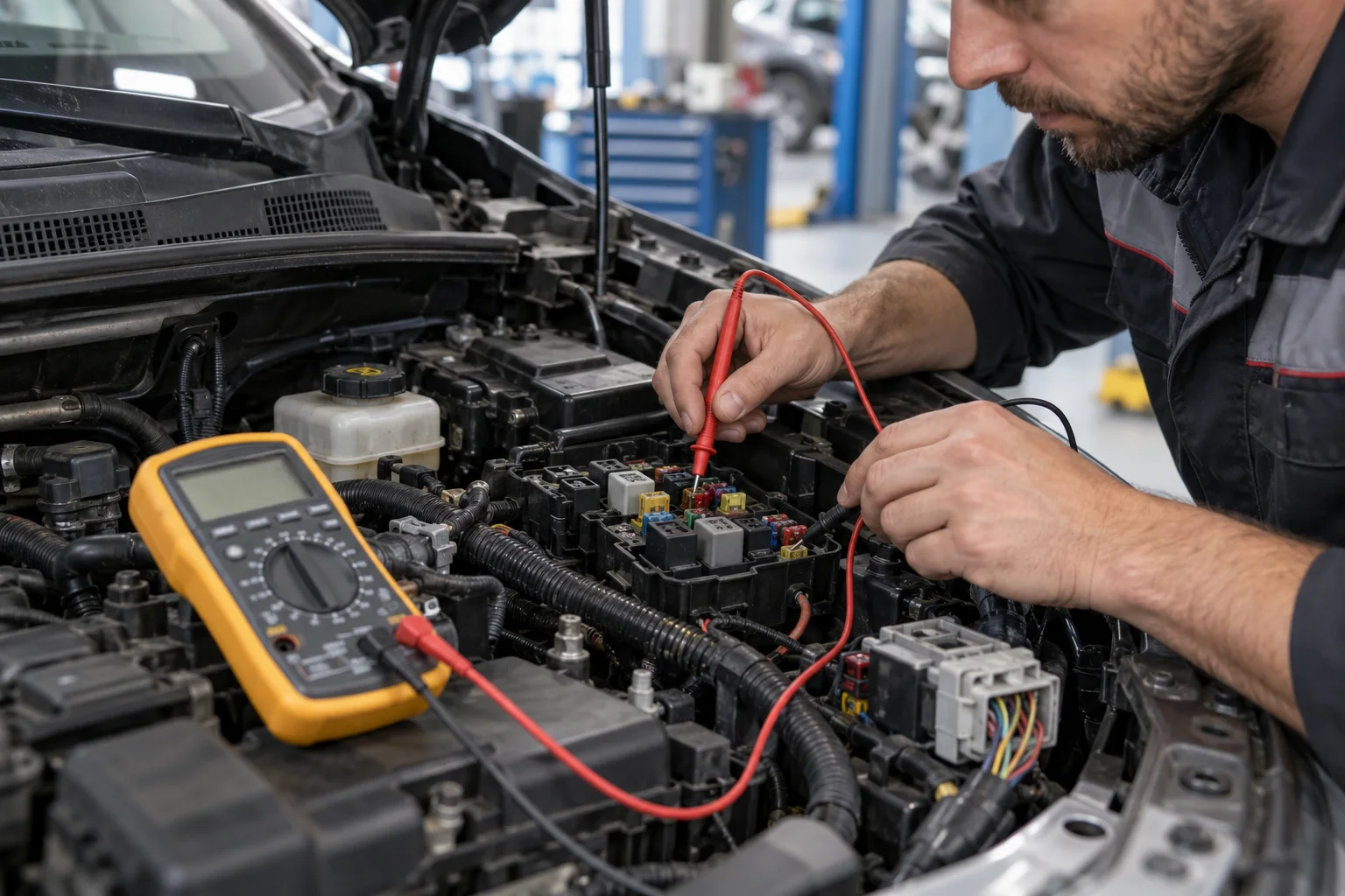 Scenă ilustrativă: verificarea instalației electrice auto cu un multimetru
